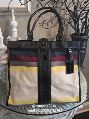 L.A.M.B. Gwen Stefani Canvas Leather Tote Expandable Designer Striped #194